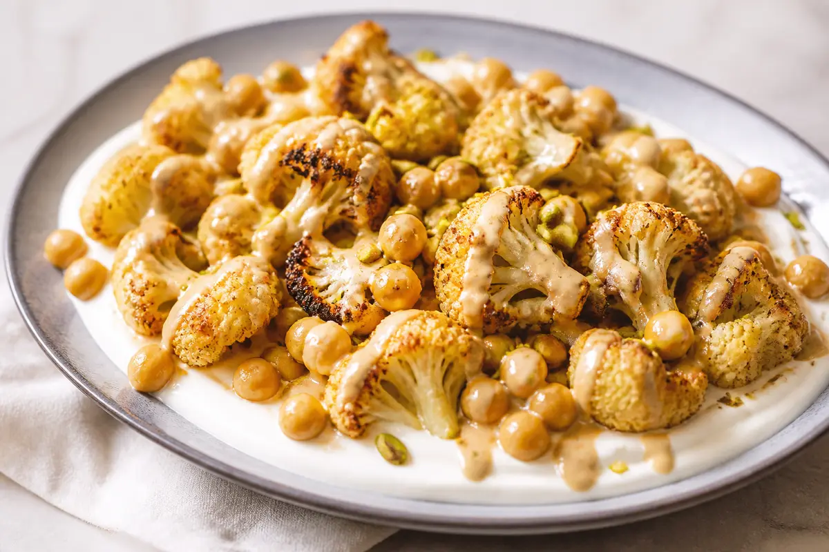 Bandeja Mediterránea de Coliflor Dorada con Tahini Cítrico y Pistachos