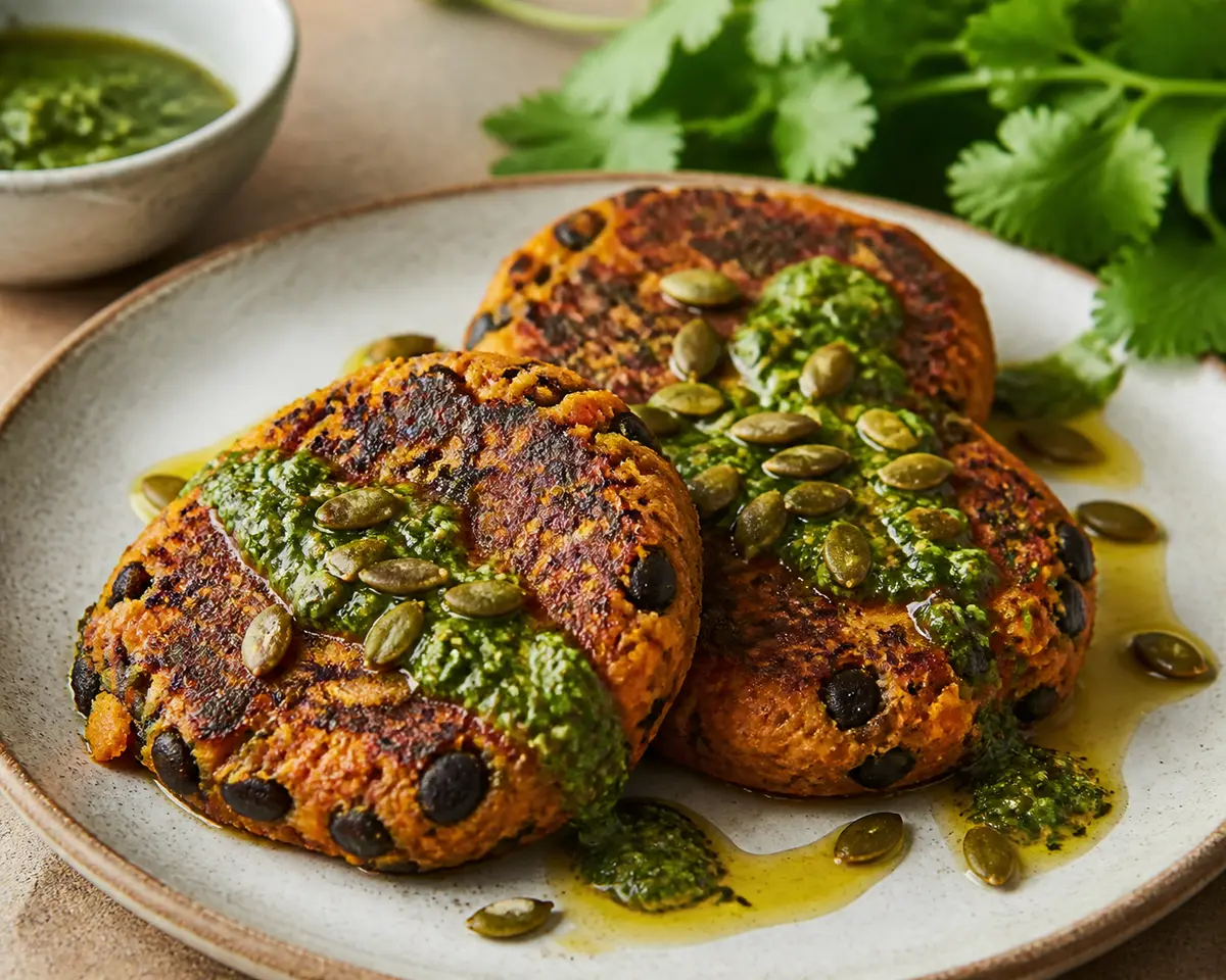 Sweet Potato and Black Bean Cakes with Cilantro Mojo and Pepitas