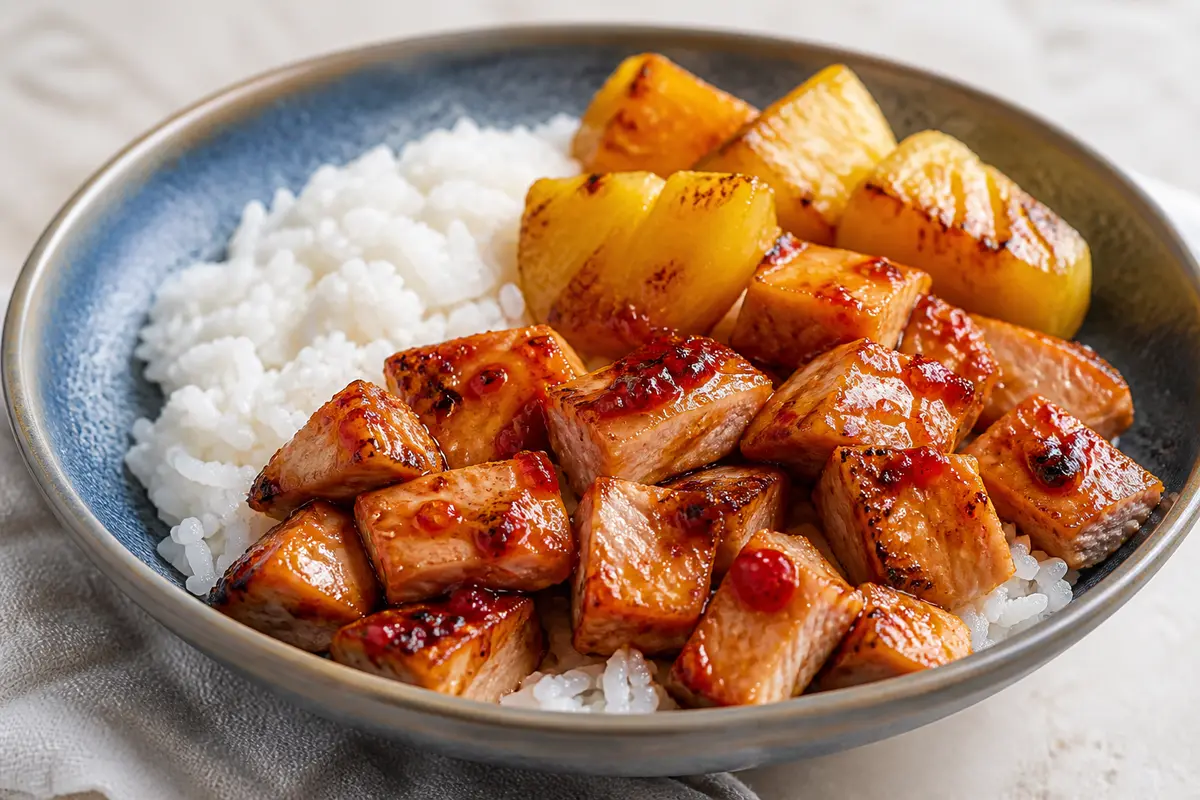 Tazón de Pavo al Ají Dulce con Arroz de Coco y Piña Sellada