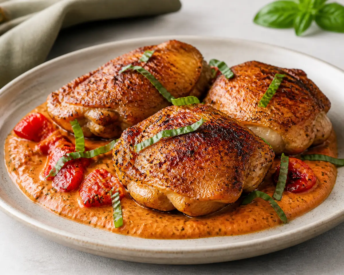 Pollo crujiente en sartén con crema de pimiento asado y albahaca