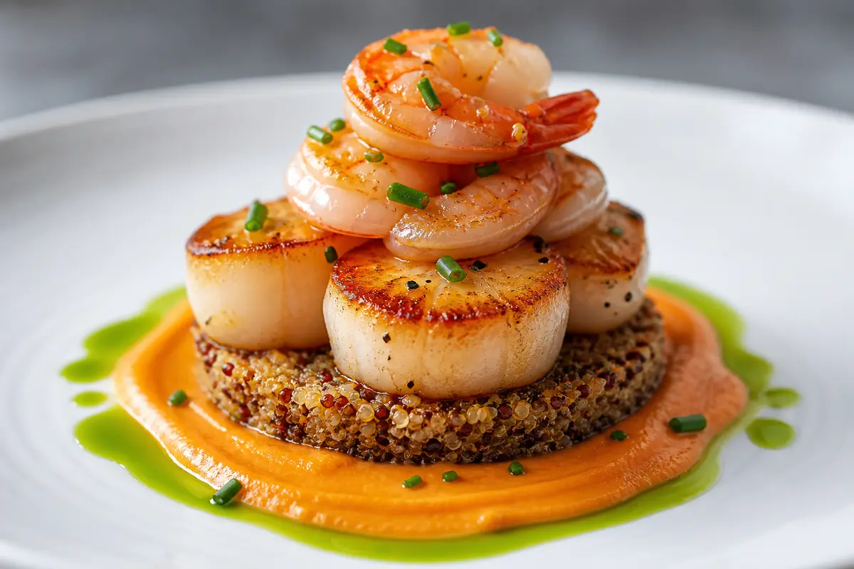 Timbal de Vieira y Camarón con Costra de Quinoa, Crema de Pimiento Asado y Aceite de Cebollín