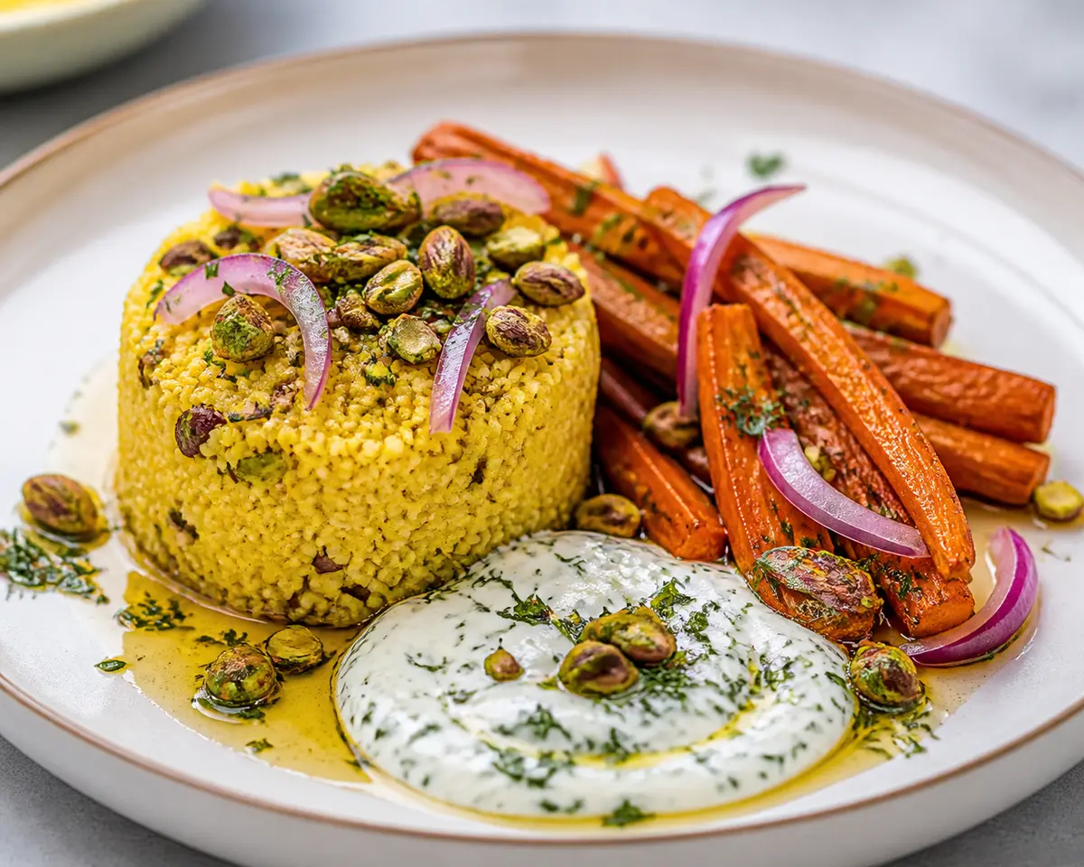 Timbal Dorado de Mijo con Zanahorias Asadas, Yogur de Hierbas y Pistachos