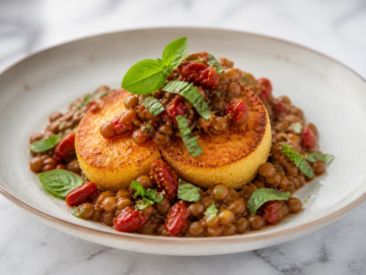 Pastelitos de Polenta Crujiente con Ragú de Lentejas, Tomate Seco y Albahaca