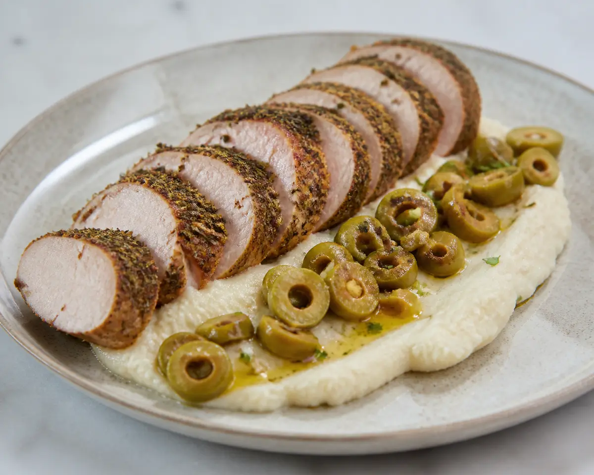 Herb-Crusted Pork Tenderloin with Cauliflower Mash and Toasted Olives