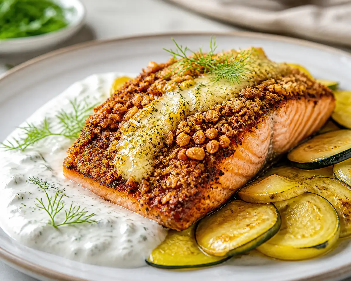 Salmón Keto en Costra de Pecana con Crema de Eneldo y Calabacín Dorado