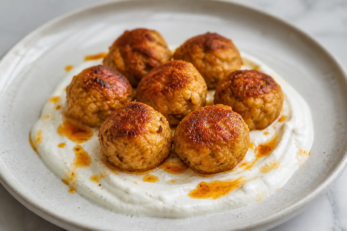 Albóndigas Doradas de Pollo y Lenteja Roja con Salsa de Yogur Asado