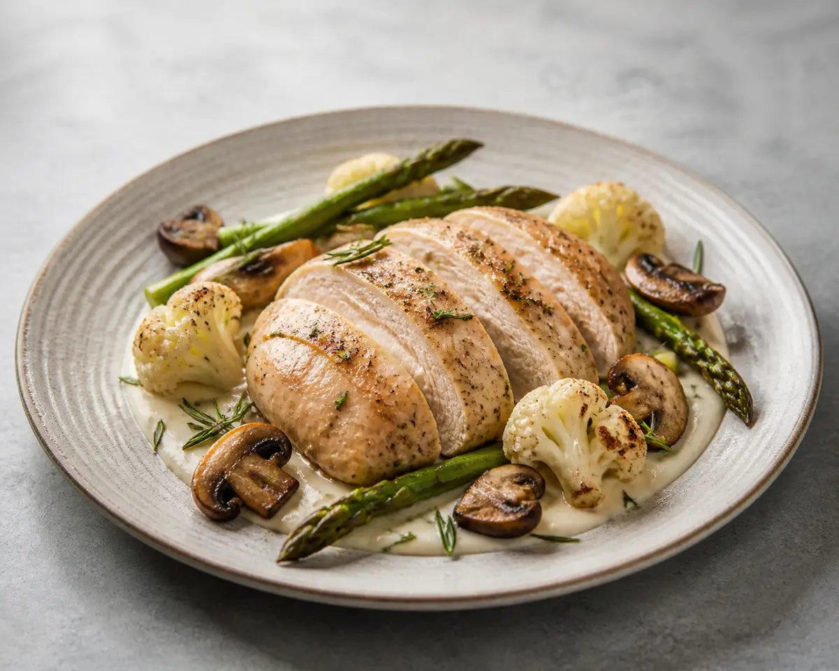 Pollo al Romero con Espárragos, Champiñones y Crema Ligera de Coliflor