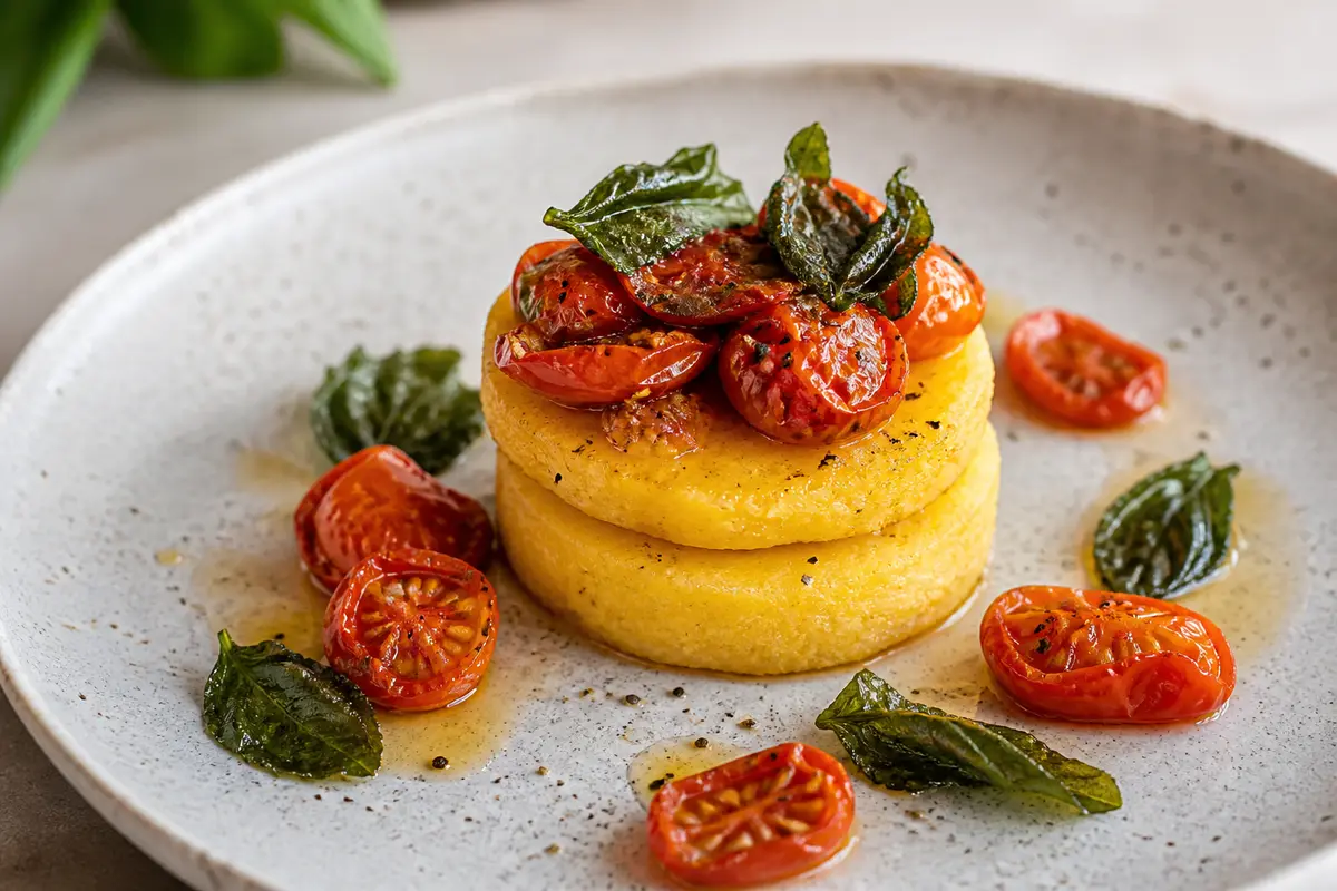 Torrecitas de Polenta Cremosa con Tomates Asados y Albahaca Crujiente