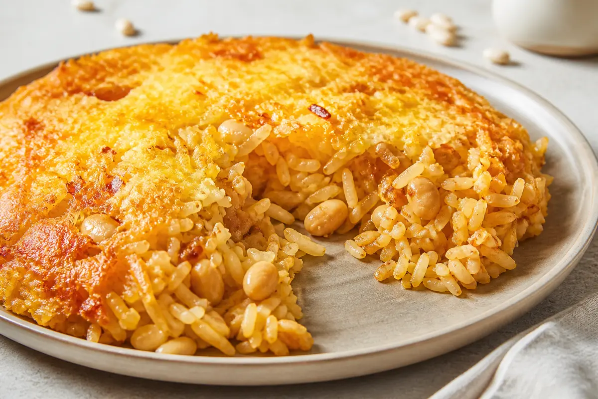 Sartén de Arroz Dorado con Frijoles Blancos y Costra de Queso