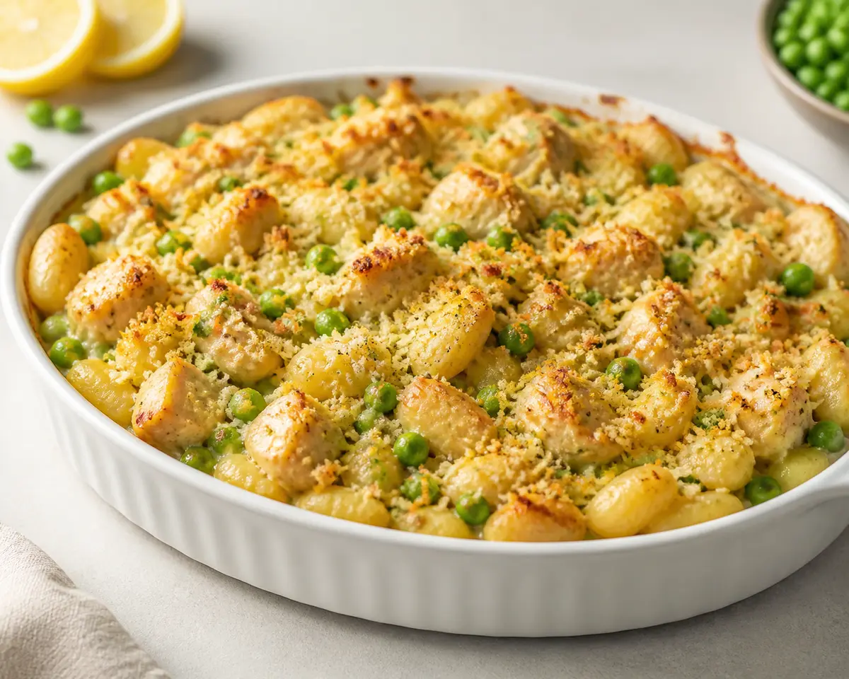 Family Lemon Chicken Gnocchi Bake with Peas and Parmesan Crumble