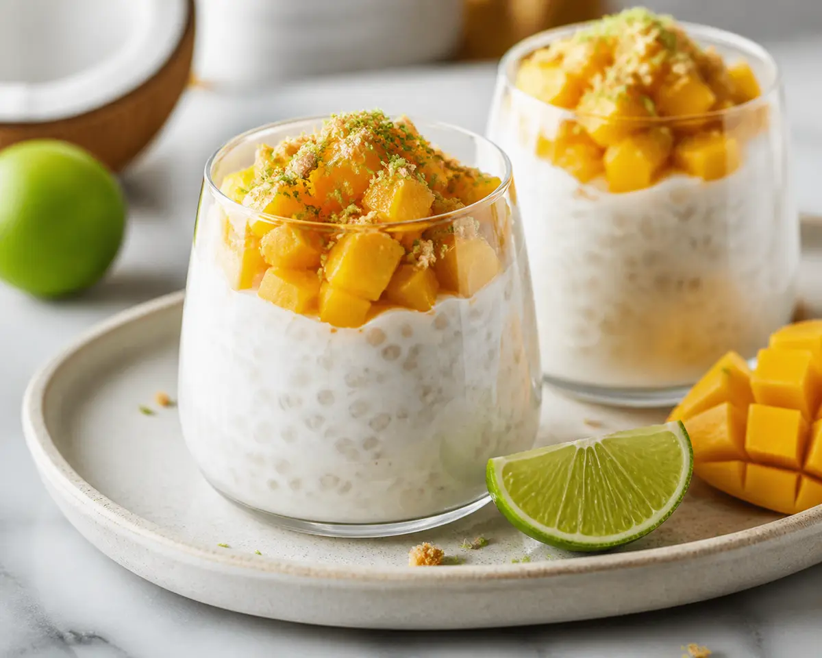 Vasitos Cremosos de Arroz con Leche de Coco, Mango Asado y Crocante de Lima