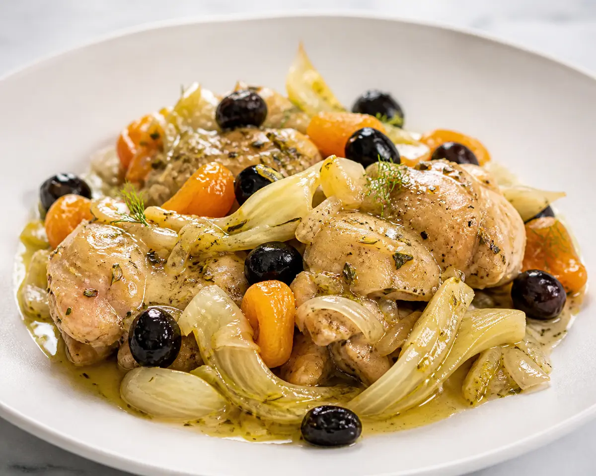 Slow Cooker Silky Chicken with Apricots, Fennel and Olives