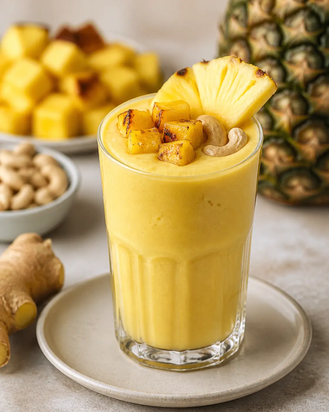 Batido Dorado de Piña Asada, Jengibre y Anacardo