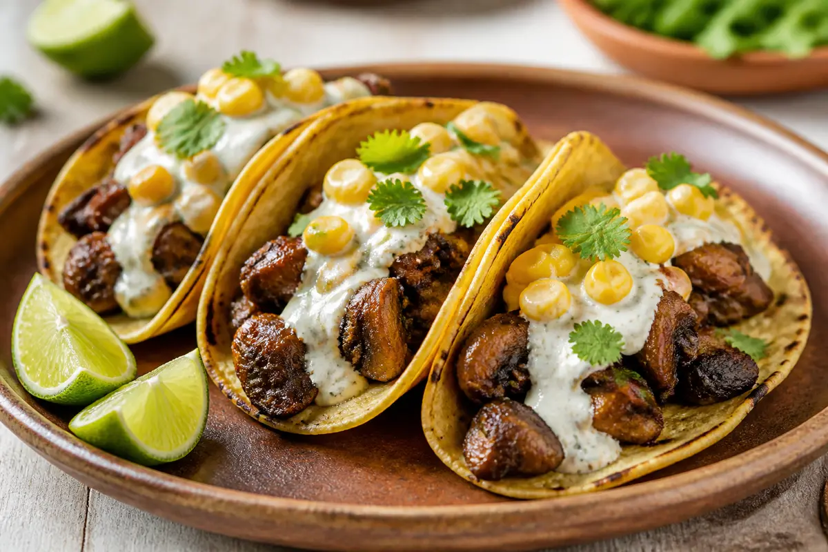 Tacos Dorados de Champiñón Adobado con Crema de Elote Asado