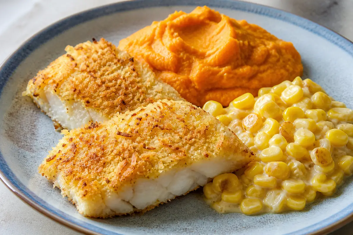 Filetes de Pescado Caribeño con Costra de Coco y Lima, Puré Suave de Batata y Ensalada Tibia de Maíz