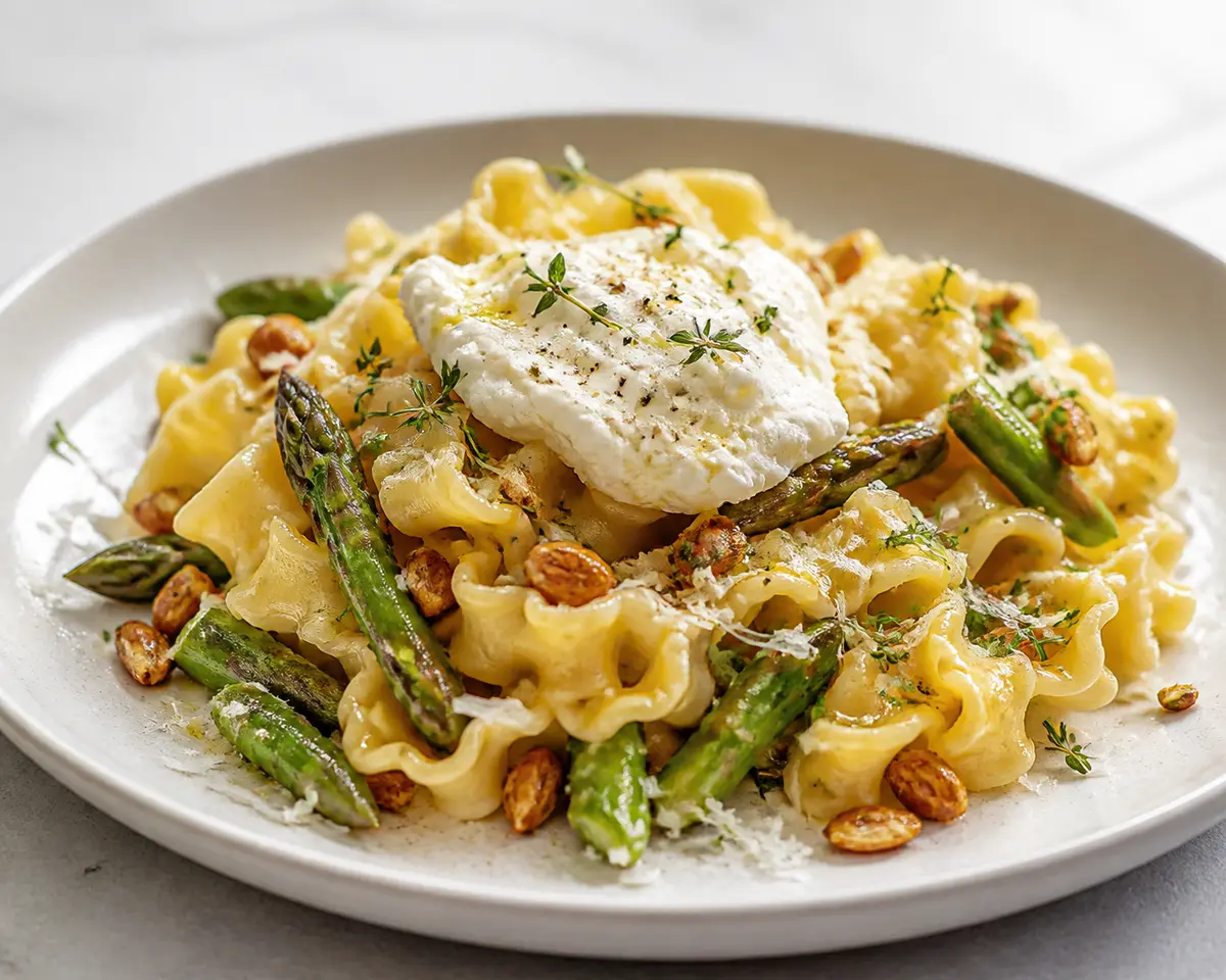 Toasted Lemon Mafaldine with Asparagus, Whipped Ricotta and Thyme Almonds