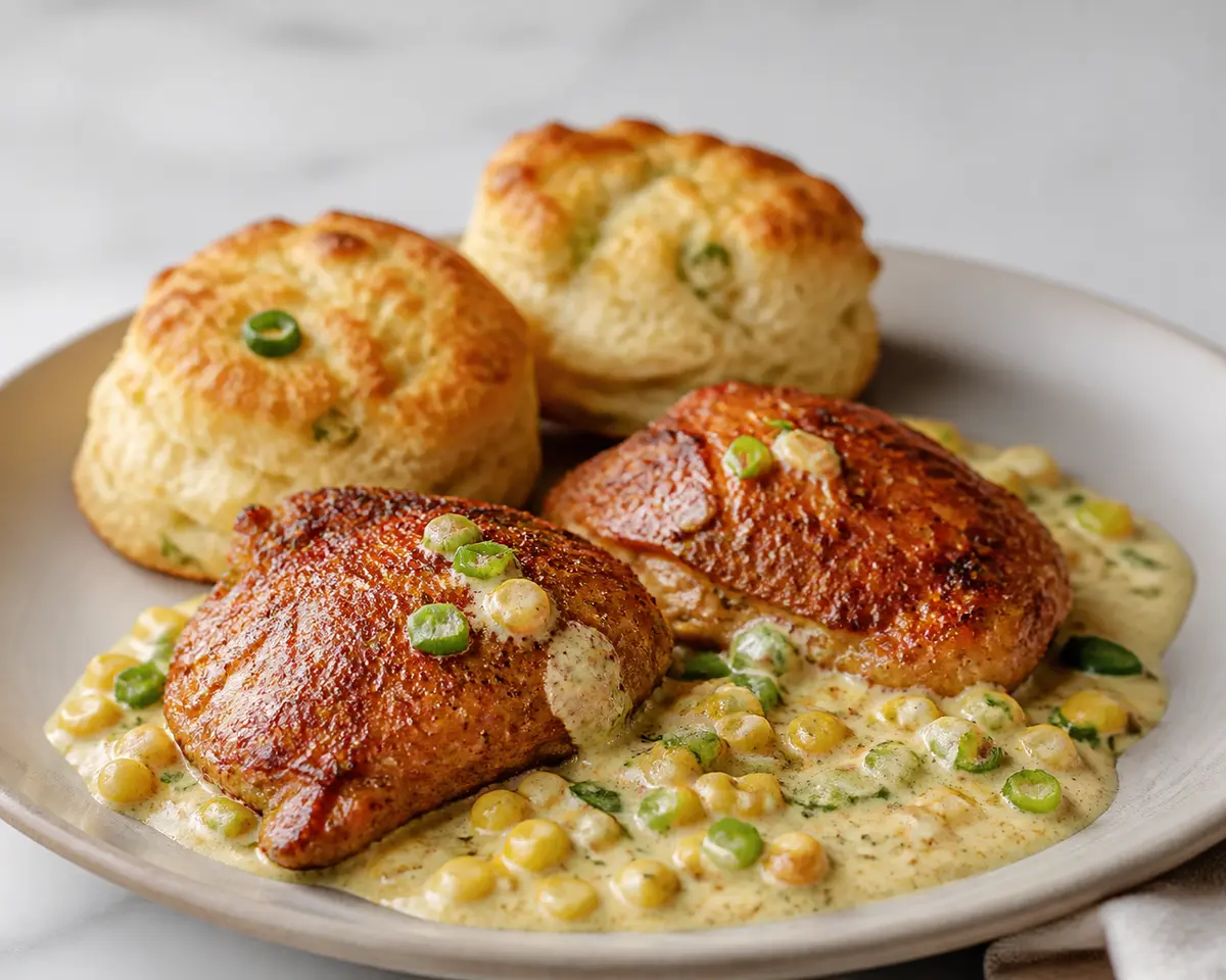 Skillet Chicken with Creamy Roasted Corn Jalapeño Sauce and Scallion Biscuits