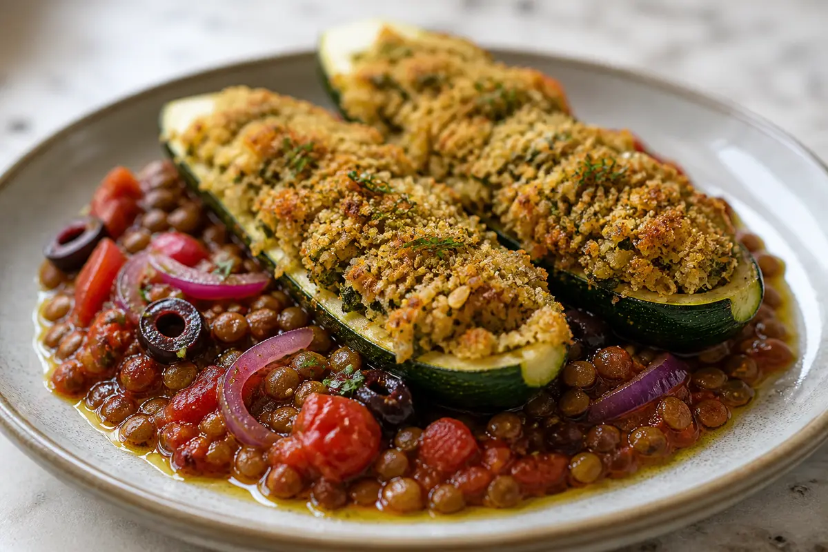 Calabacines Mediterráneos Gratinados con Lentejas al Tomate, Aceitunas y Costra de Hierbas