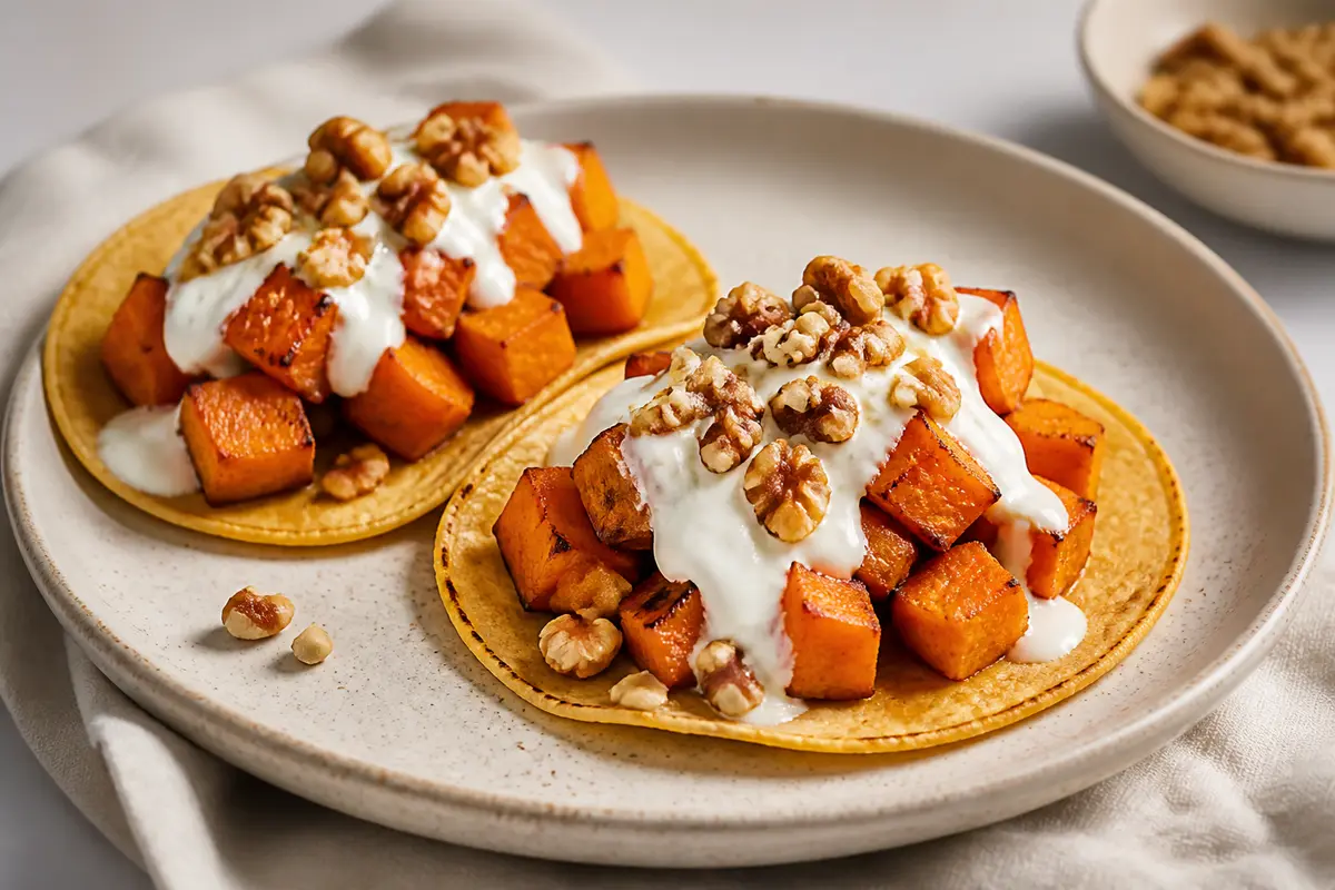 Tacos Dulces de Batata con Yogur Vainillado y Nueces Tostadas