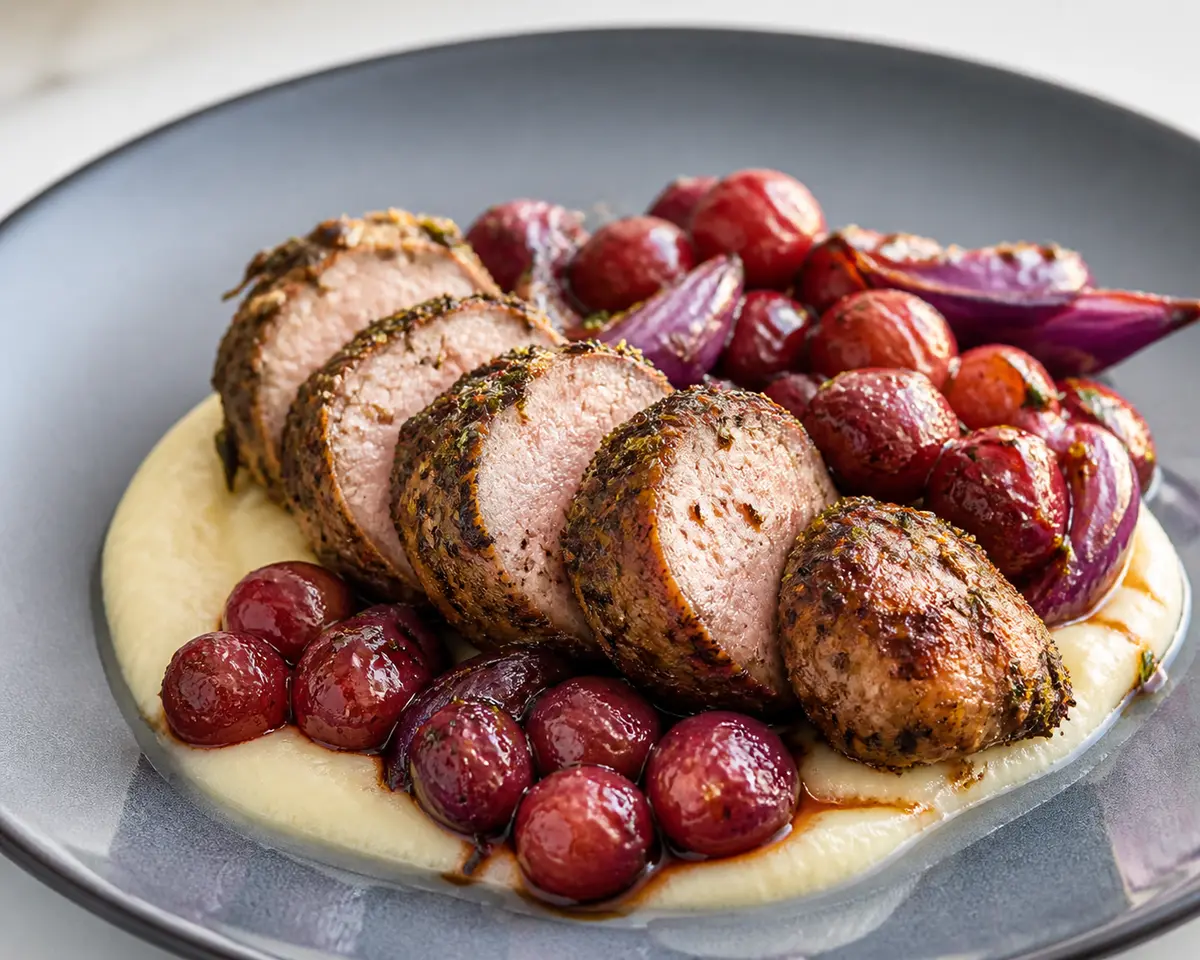 Lomo de Cerdo en Costra de Hierbas con Puré de Chirivía y Uvas Asadas al Balsámico