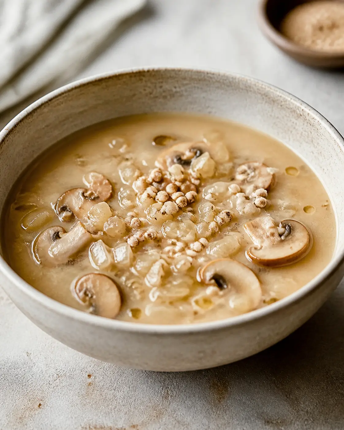 Golden Mushroom and White Miso Soup with Sesame Puffed Rice