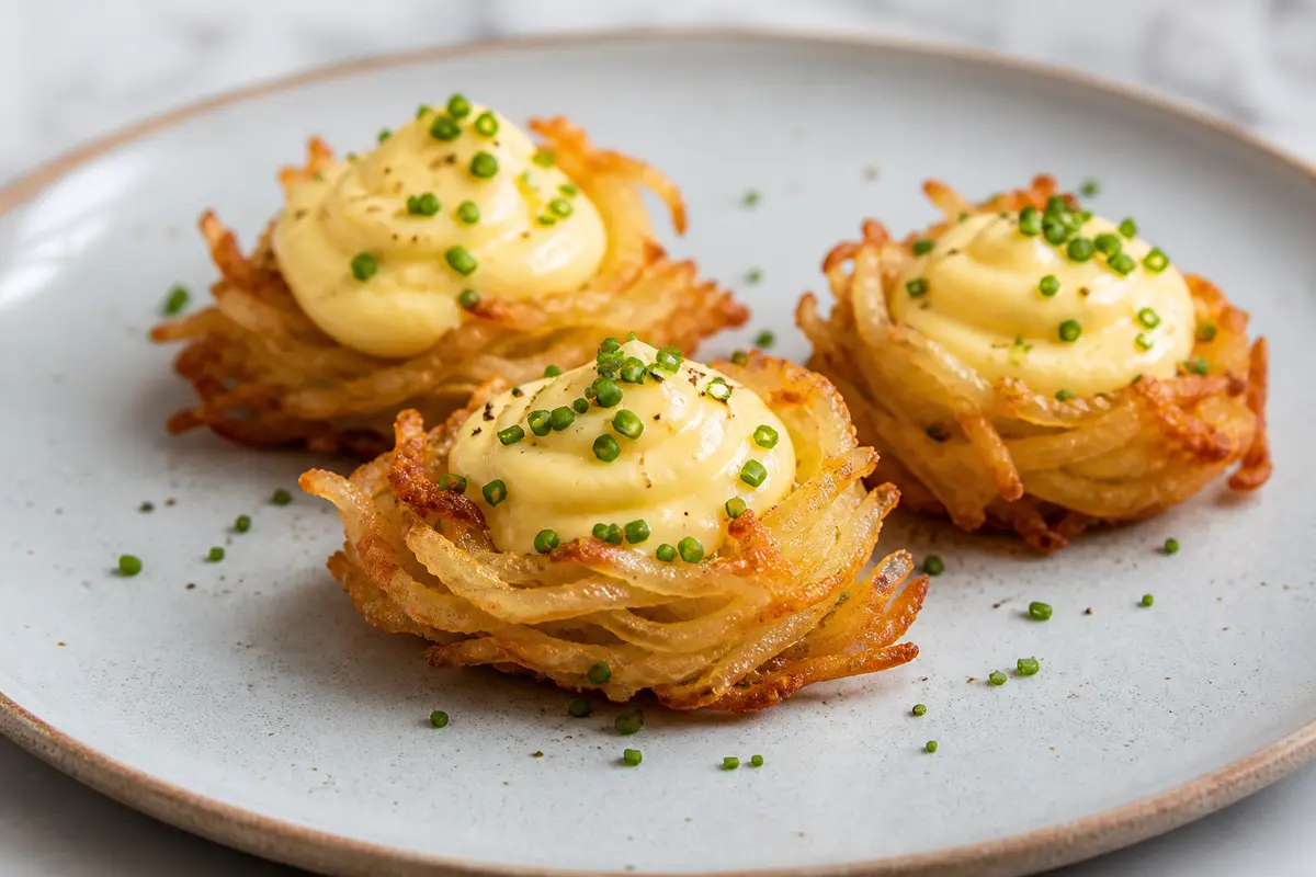 Crispy Potato Nests with Roasted Corn Cream and Chives