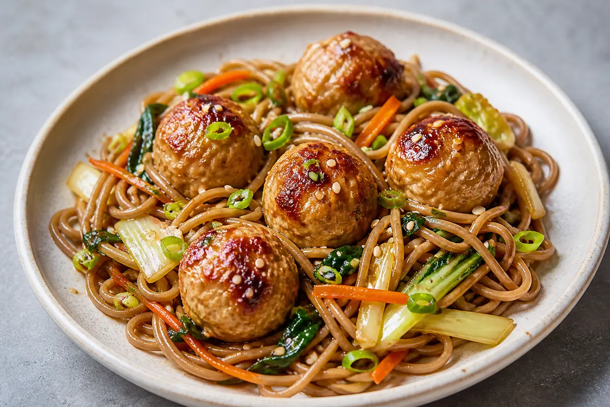 Miso-Ginger Turkey Meatballs with Stir-Fried Soba Noodles