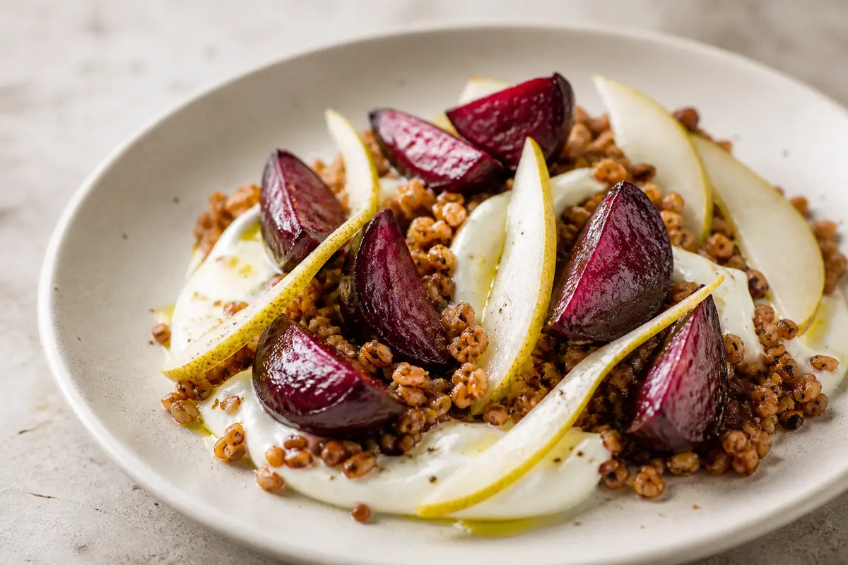 Warm Crispy Farro, Roasted Beet and Pear Salad with Lemon Goat Cheese Cream