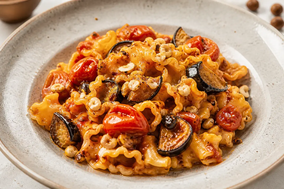 Gigli de berenjena asada, mantequilla de tomate ahumado y avellanas crujientes