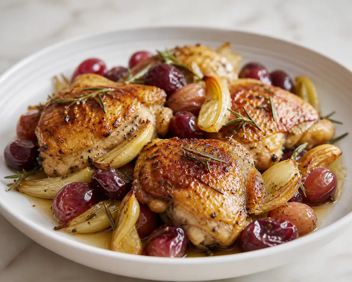 Pollo Braseado con Uvas Asadas, Hinojo y Toque de Romero