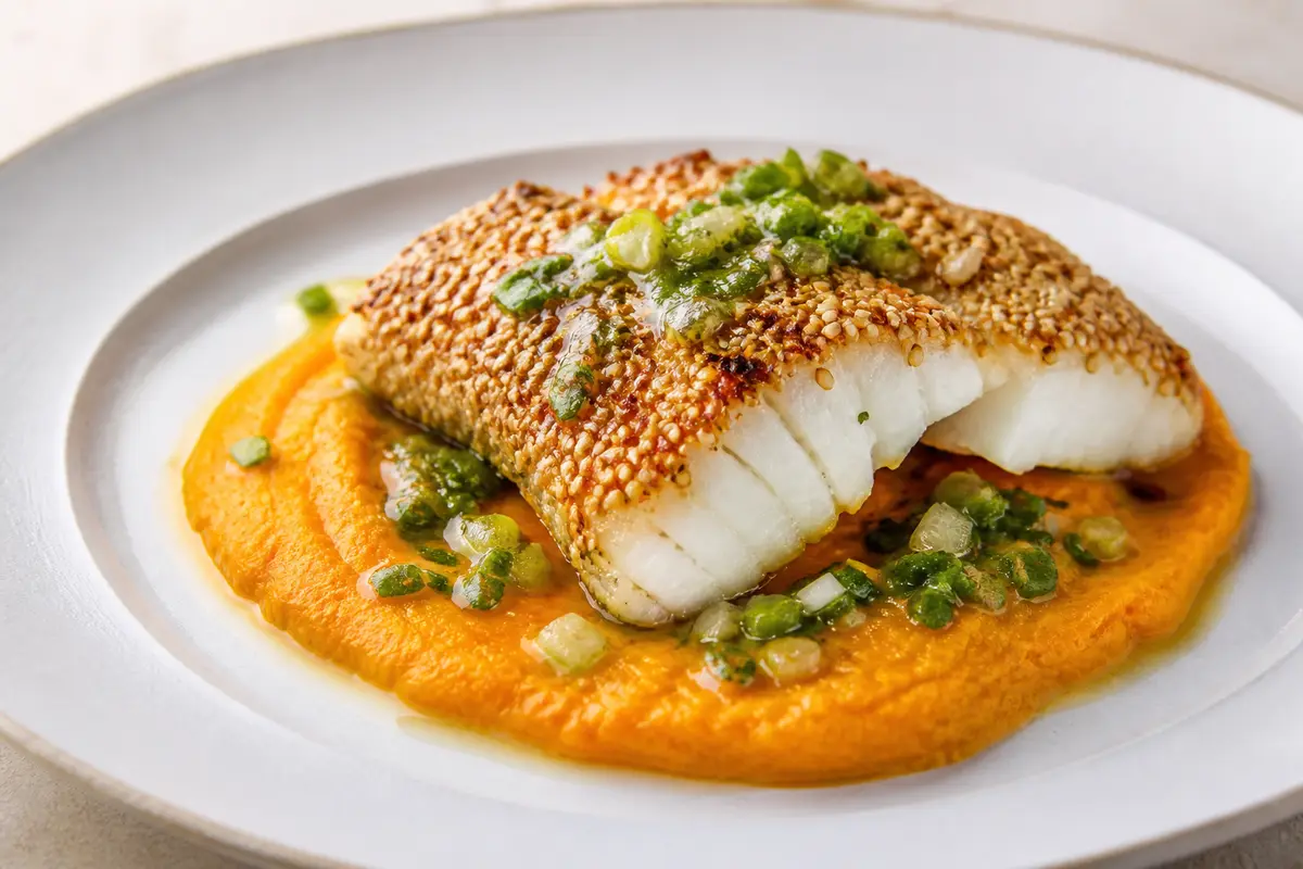 Pescado Blanco en Costra de Sésamo con Puré de Zanahoria Asada y Salsa Tibia de Lima y Cebollín