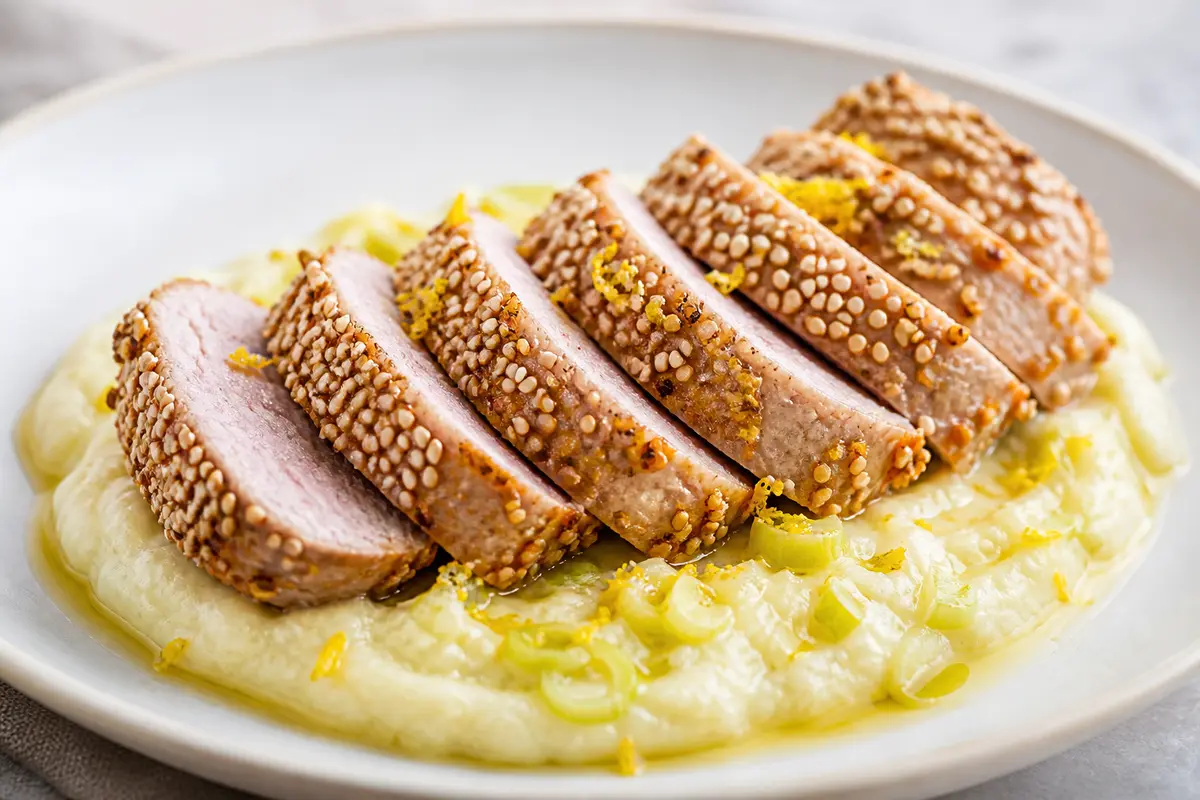 Filete de Cerdo con Costra de Sésamo y Limón, sobre Crema Tibia de Coliflor y Puerro