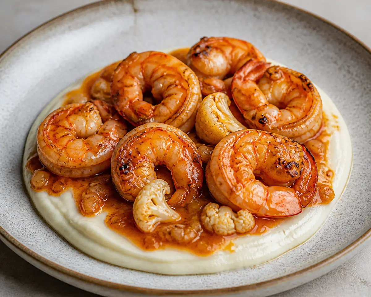 Langostinos Glaseados con Naranja Ahumada y Puré Sedoso de Coliflor