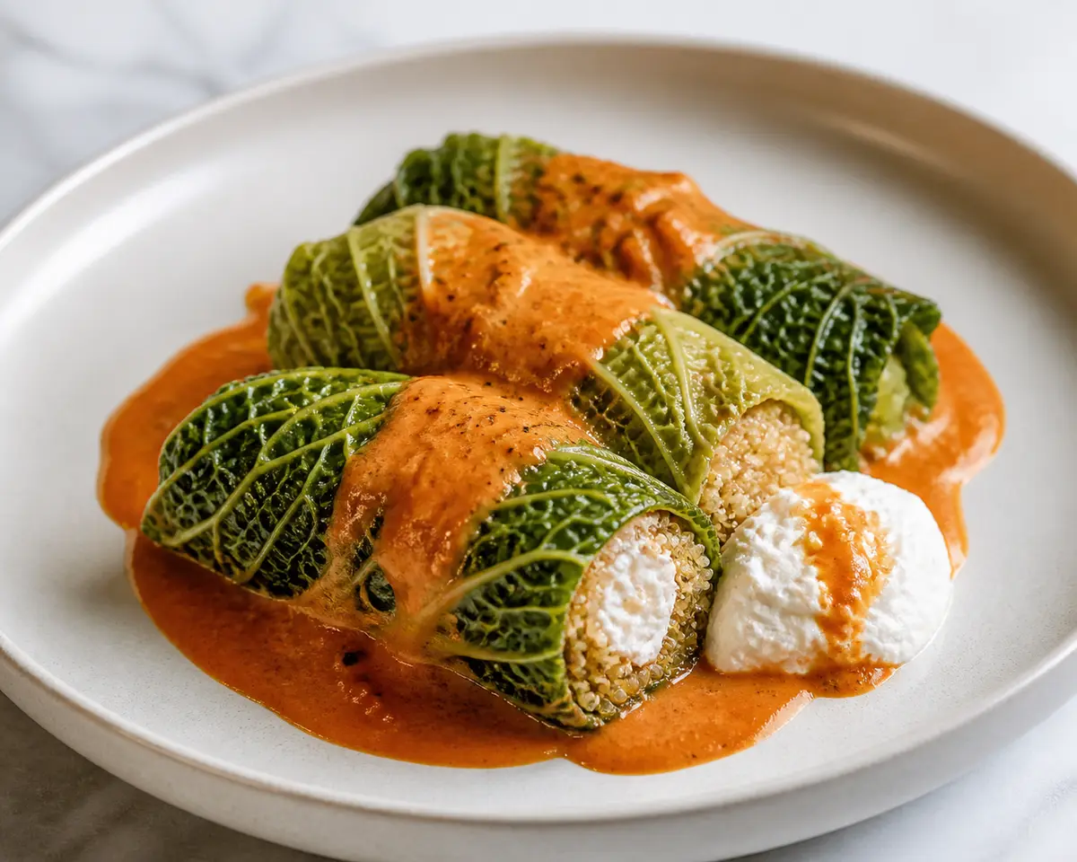Rollitos de Col Verde con Quinoa al Limón, Ricotta y Salsa de Pimiento Ahumado