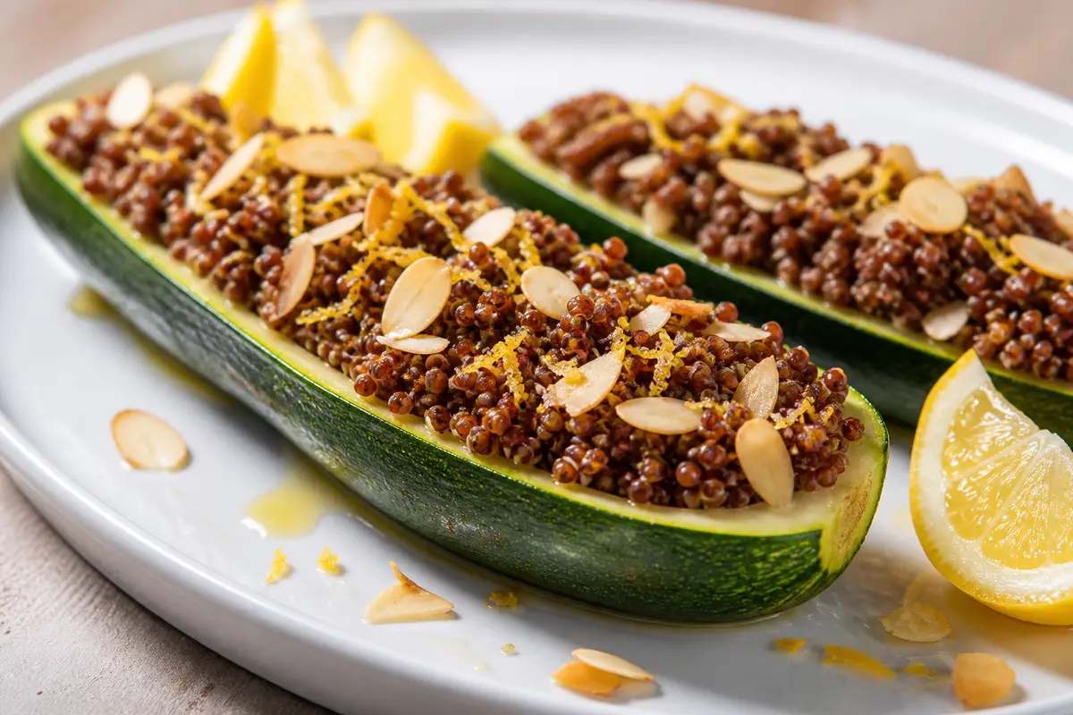 Barquitos de Calabacín con Quinoa Roja, Almendra y Limón Dorado
