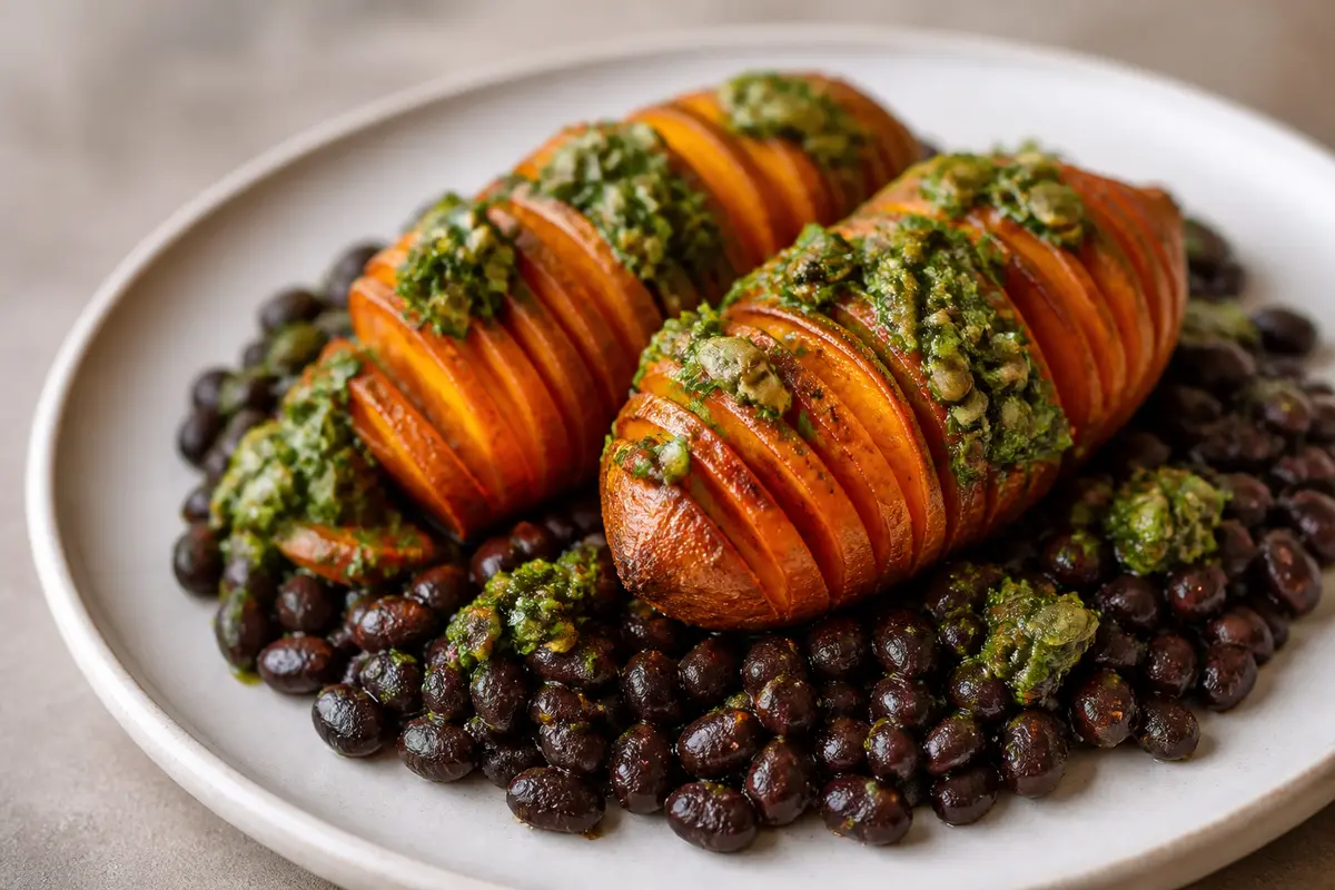 Hasselback Sweet Potatoes with Cumin Black Beans and Pepita Lime Chimichurri