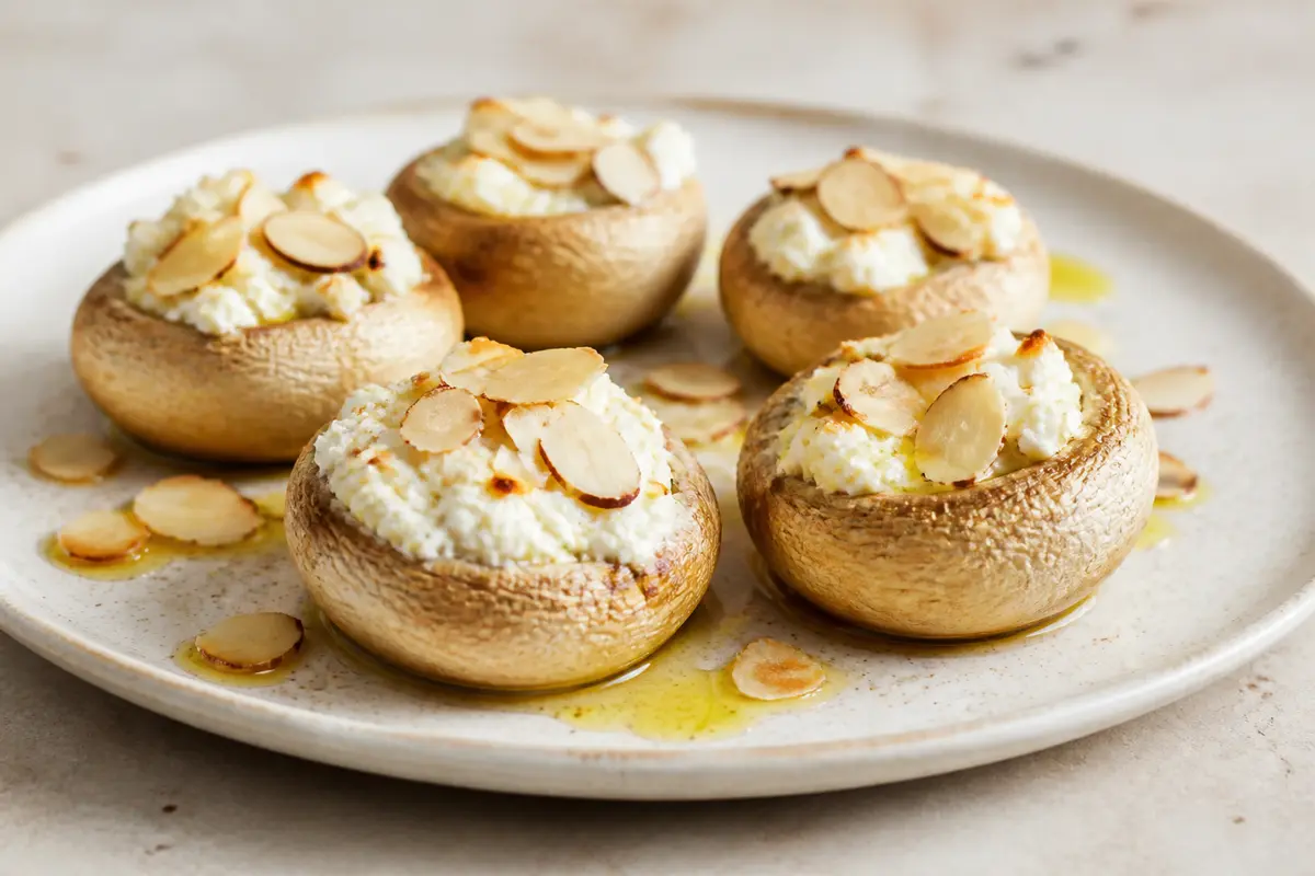 Champiñones tibios rellenos de ricotta al limón y almendra crujiente