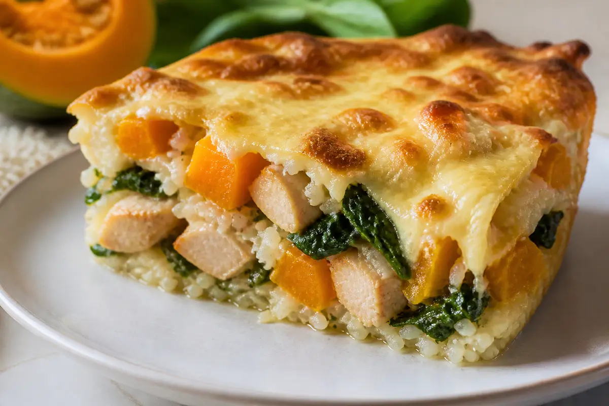Pastel Familiar de Arroz al Horno con Pollo, Calabaza y Mozzarella Dorada