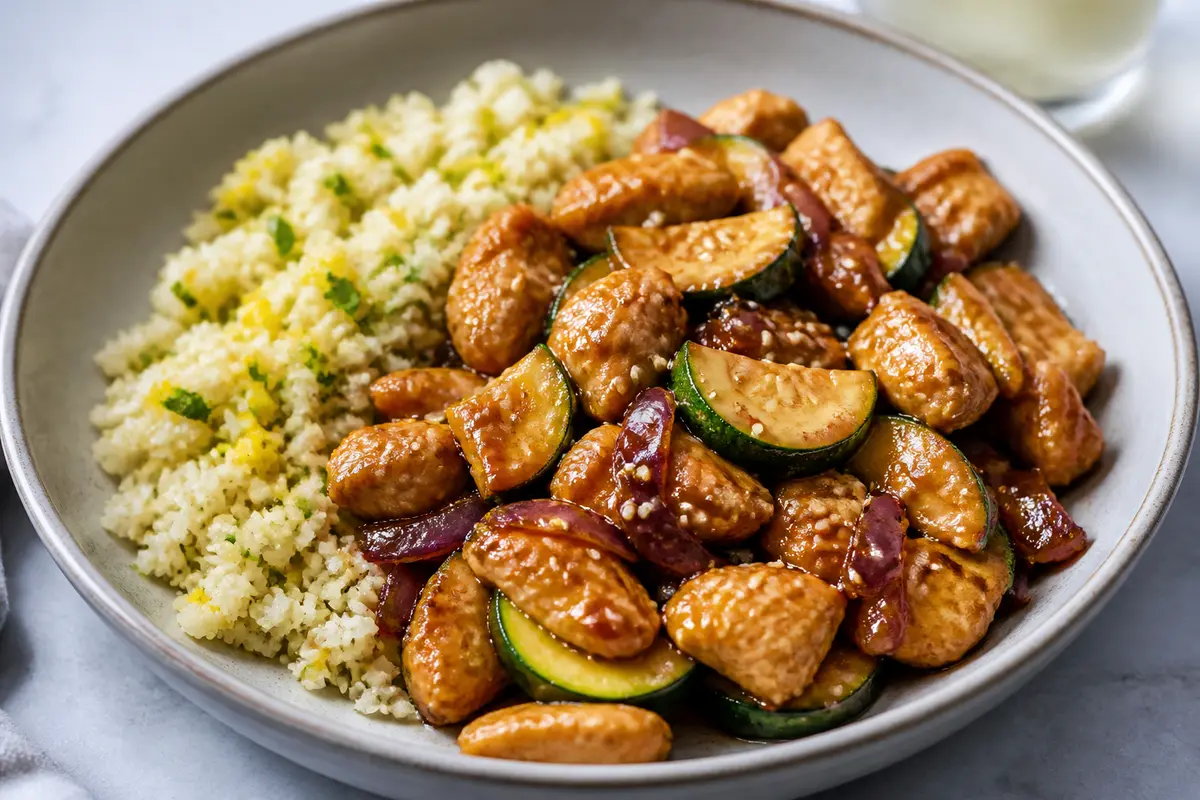 Sartén Exprés de Pollo al Sésamo con Calabacín y Arroz de Coliflor Cítrico