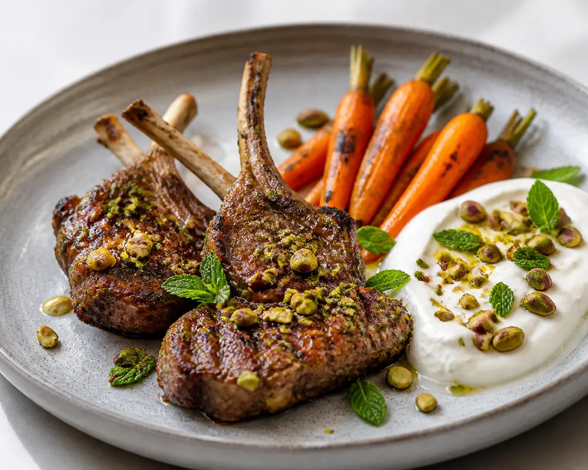 Grilled Lamb Chops with Pistachio-Mint Crust, Lemon Yogurt, and Charred Baby Carrots