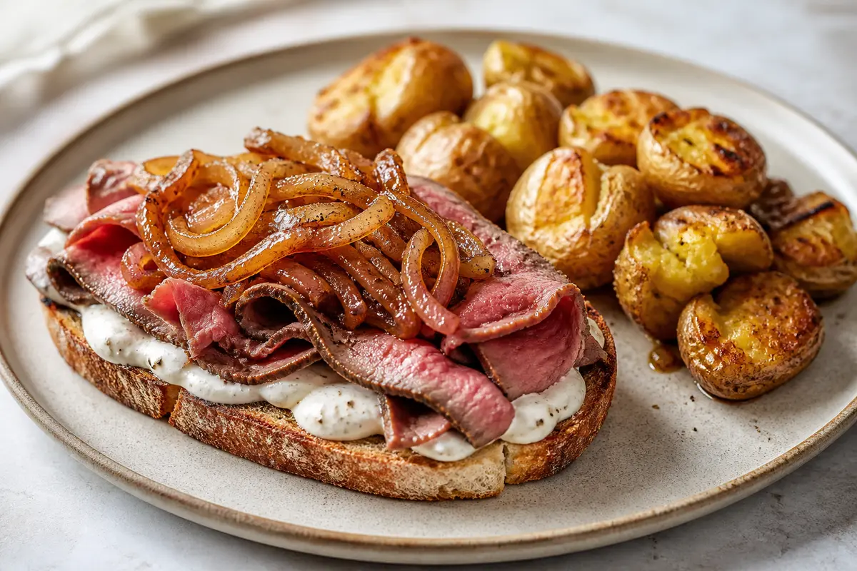 Open-Faced Roast Beef Sandwich with Bourbon Onions and Horseradish Cream, with Crispy Smashed Potatoes