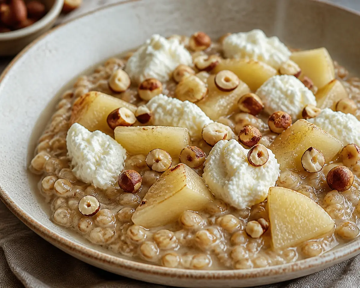 Sartén de Farro Cremoso con Manzana Dorada, Ricotta al Limón y Avellanas