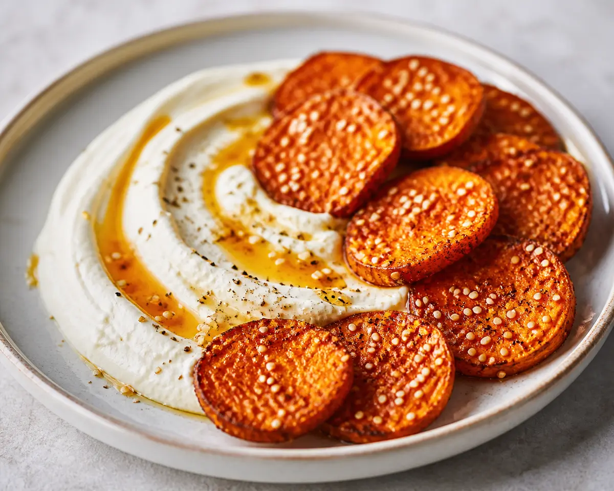 Crispy Sweet Potato Sesame Coins with Warm Whipped Feta and Hot Honey