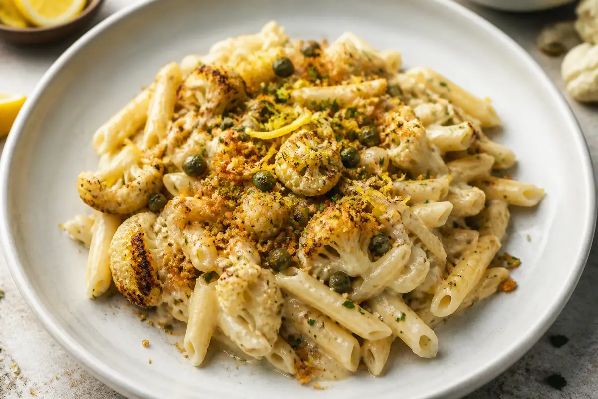 Creamy Casarecce with Roasted Cauliflower, Lemon, Capers and Herbed Crispy Breadcrumbs