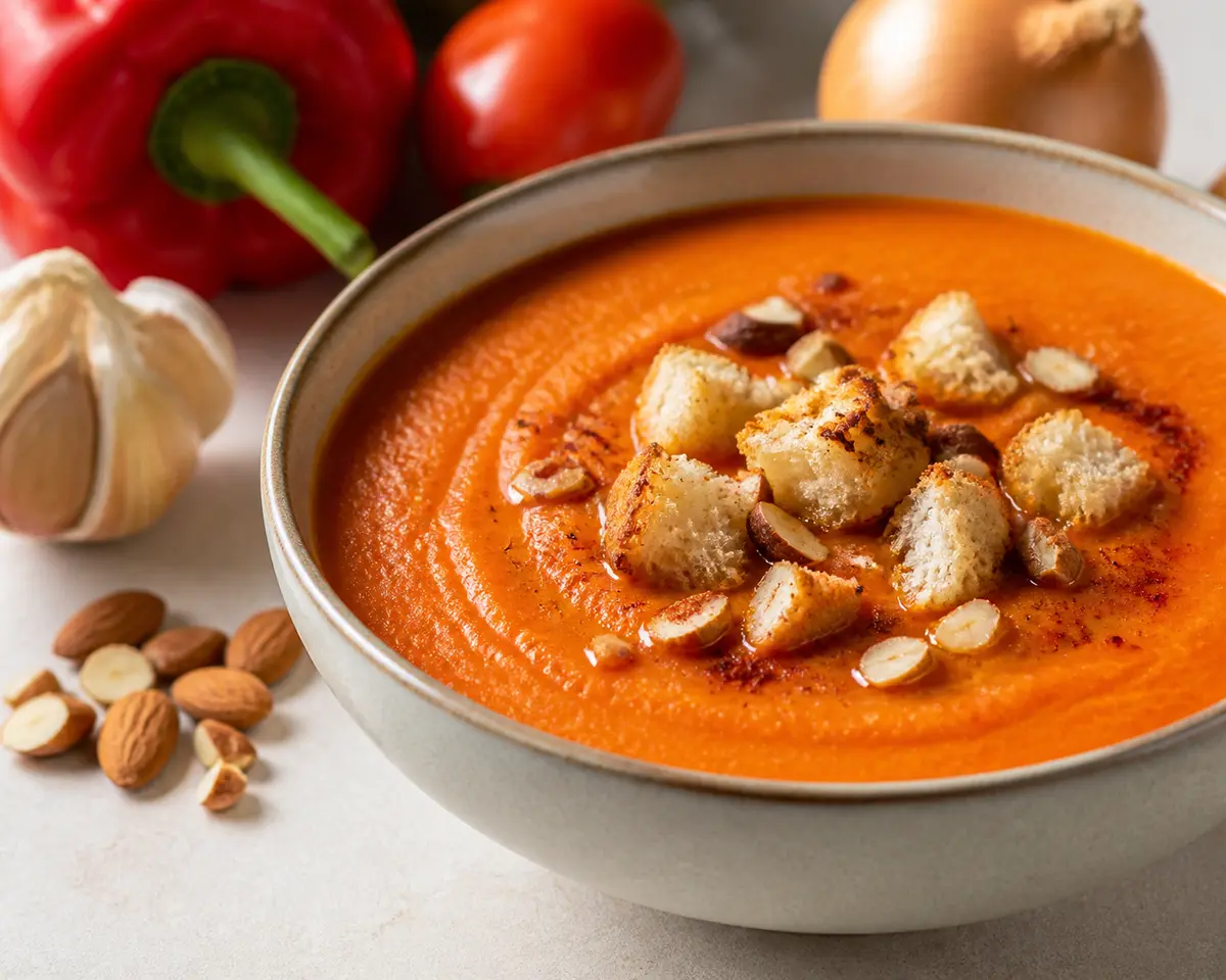 Sopa de Pimiento Rojo Asado, Almendra y Pimentón con Lluvia de Pan Crujiente