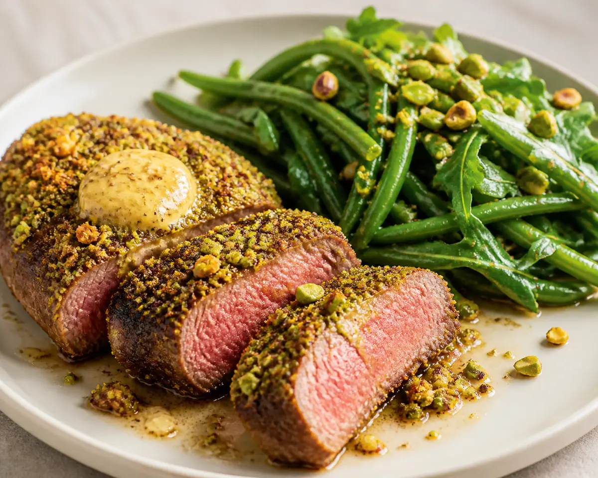 Beef Steak with Pistachio Crust, Mustard Butter, and Warm Green Bean Salad