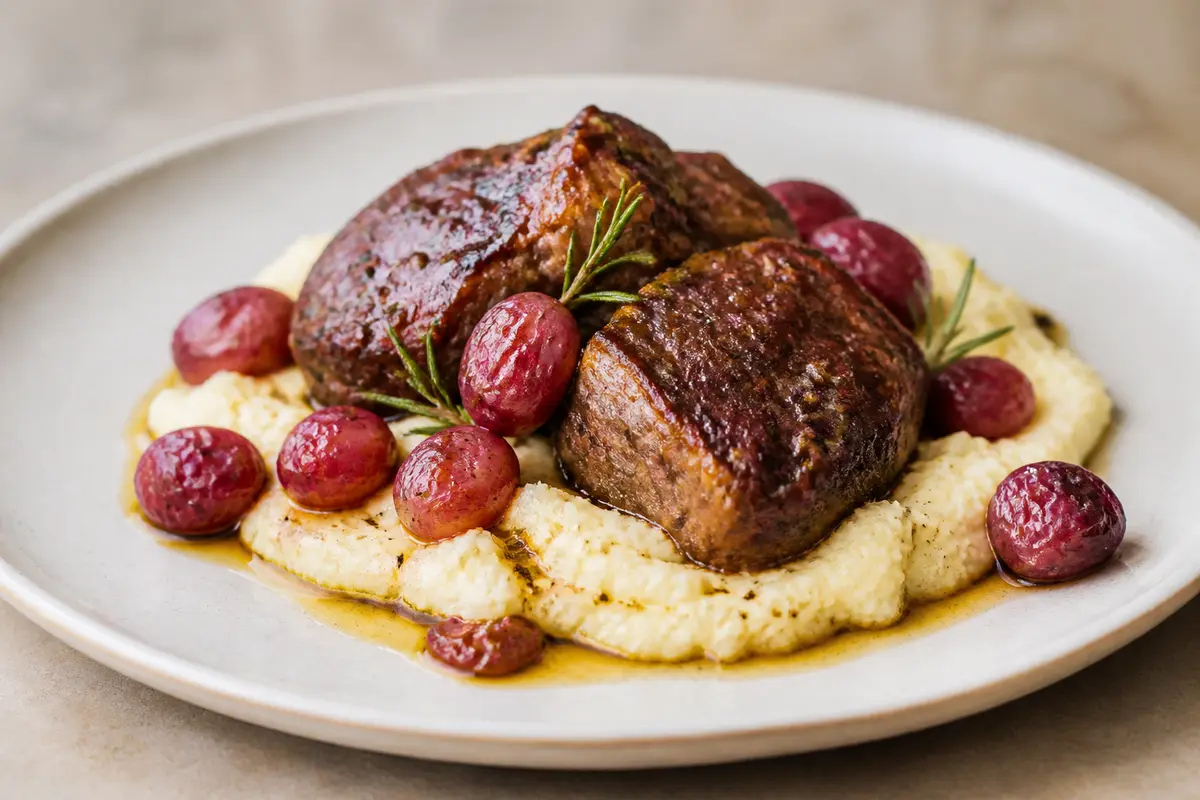 Rosemary Pork Cheeks with Roasted Grapes and Rustic Parsnip Mash