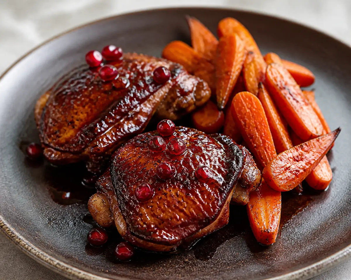 Pollo glaseado de granada y café con zanahorias especiadas