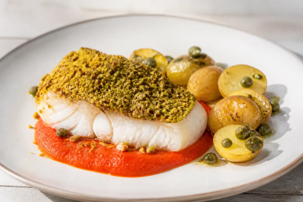 Mero Dorado con Costra de Pistacho, Salsa de Pimiento Asado y Ensalada Tibia de Papa y Alcaparras