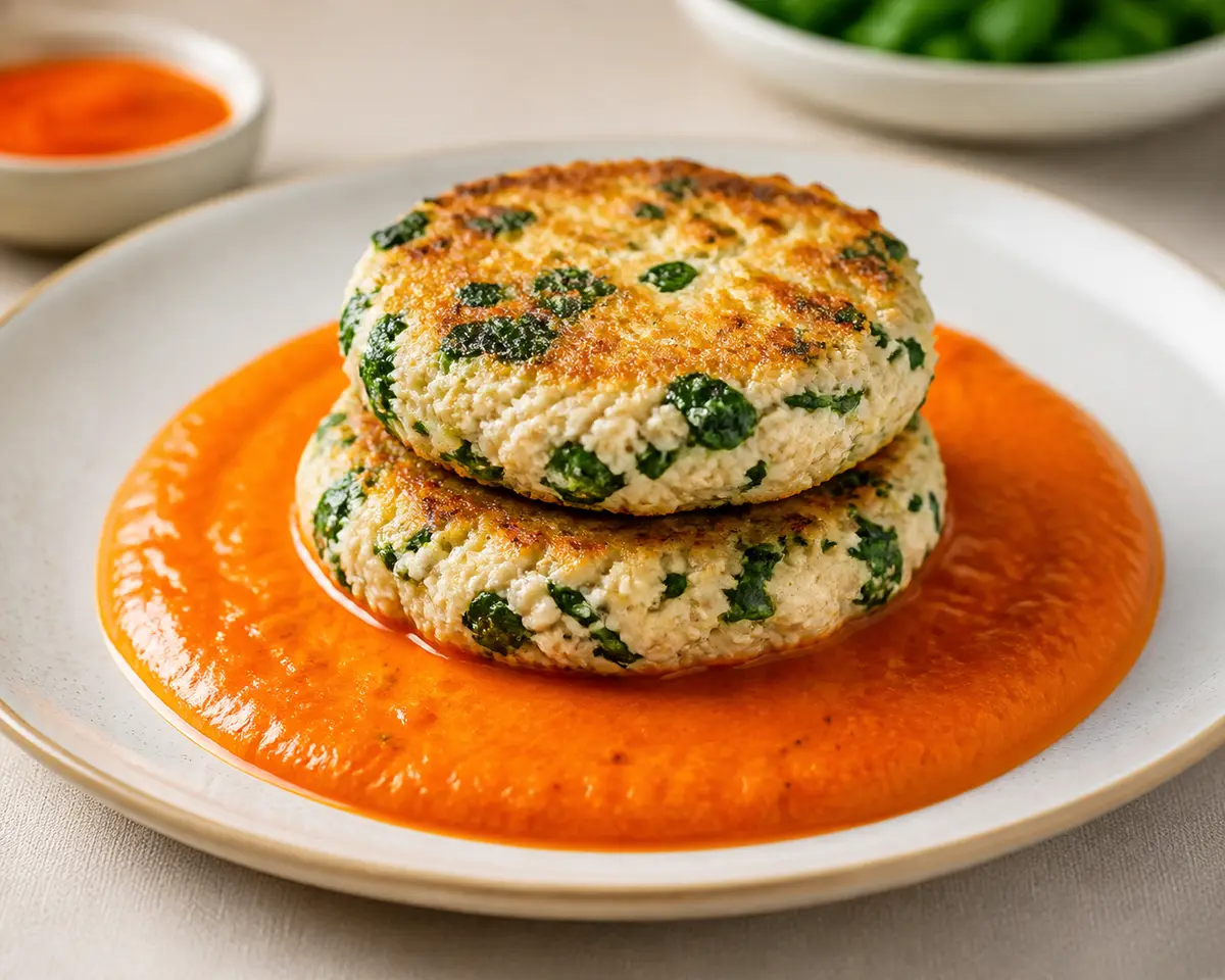 Chicken, Cottage Cheese and Spinach Protein Stacks with Warm Roasted Pepper Sauce